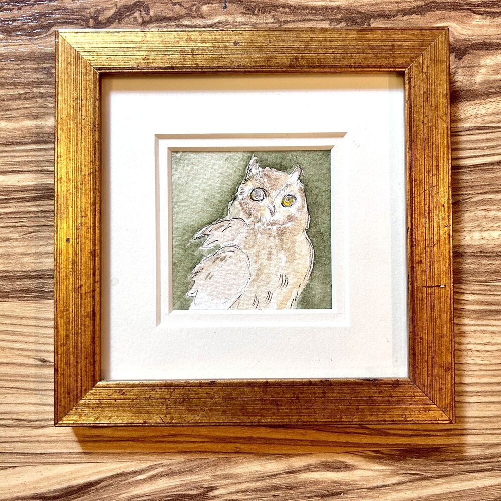 Mini Owl Watercolor Painting Gold Gilt Frame Square 6 x 6 Handmade Drawing OOAK